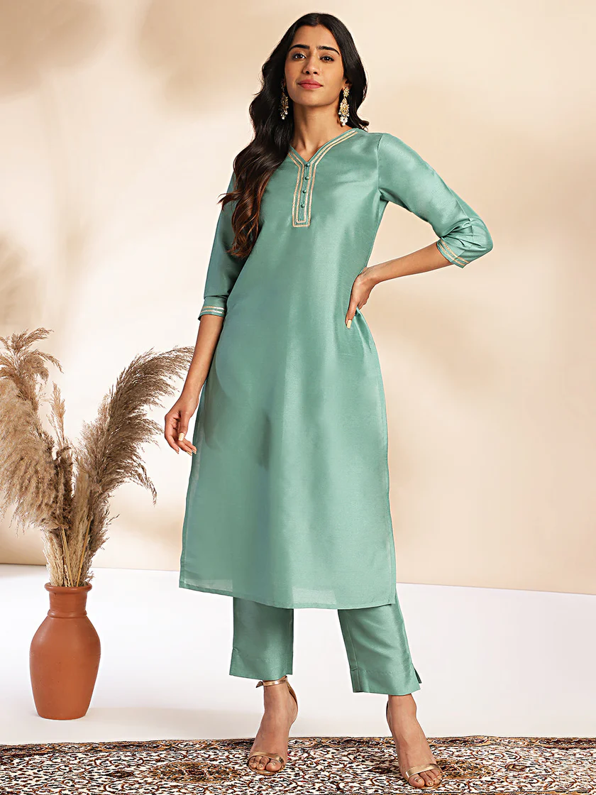 Sage Green Yoke Design Straight Silk Kurta With Pant