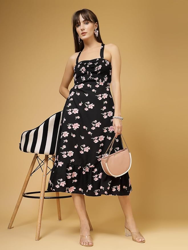 Premium Women's Black Floral Printed Crepe Dress With Smocked Bodice