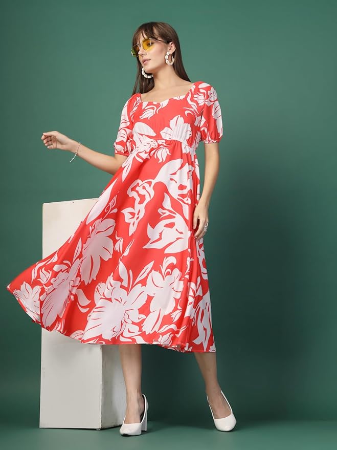 Stylish Women's White Red Printed Maxi Dress With Puffed Sleeve