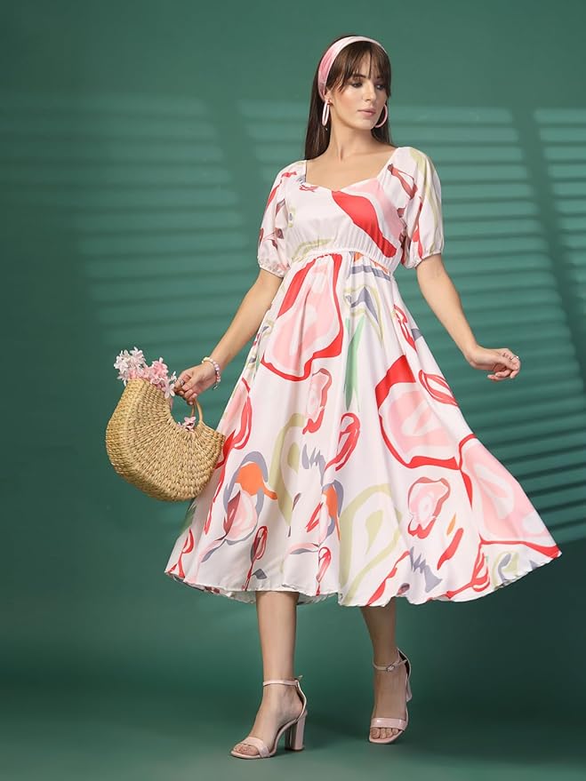 Stylish Women's White Pink Pattern Printed Maxi Dress With Puffed Sleeve