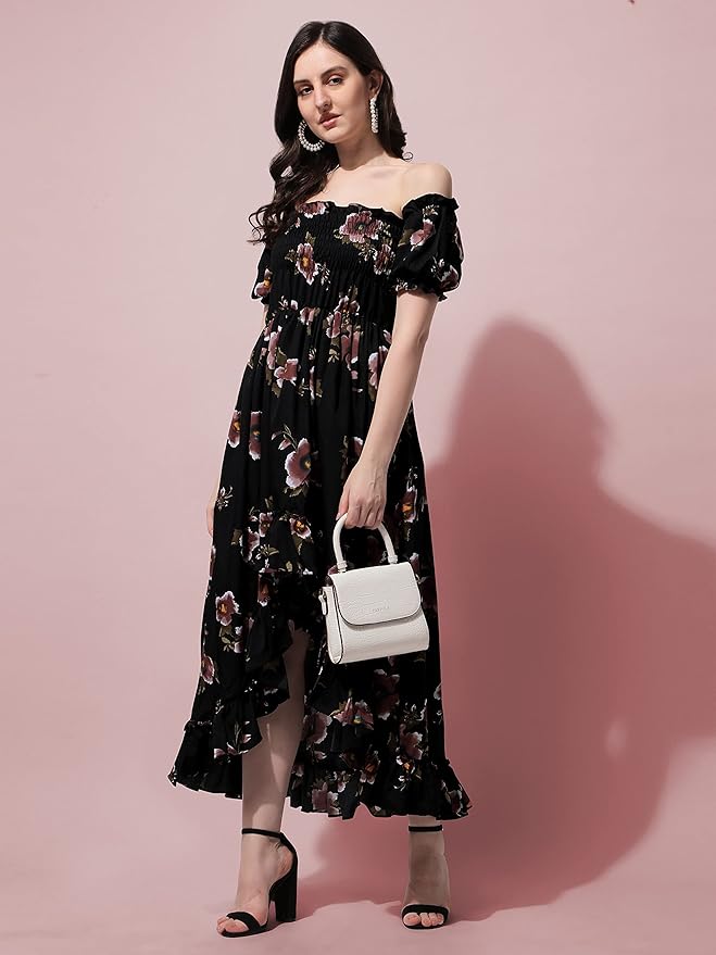 Women's Beautiful Black Floral Midi A-Line Casual Dress