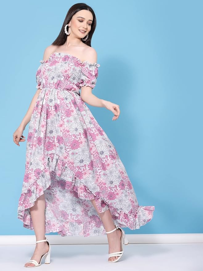 Women's Beautiful Pink Floral A-Line Maxi Dress