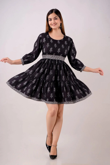 Black Floral Printed Pure Cotton Fit & Flare Dress