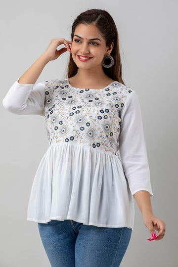 Casual Flared Butterfly Sleeves Embroidered White Top for Women and Girls