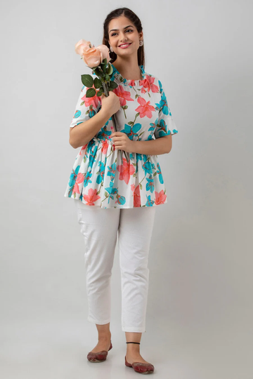 Women's Pure Cotton Floral Printed Hip Length Tops