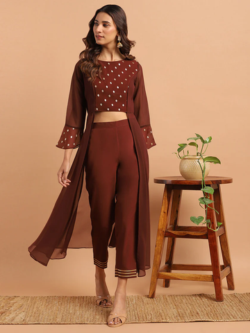 Women's Brown Georgette Ethnic Motifs Top with Pant