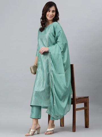 Women's Green Poly Silk Striped 3Pc Kurta Set