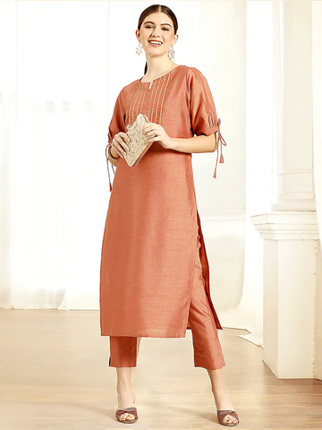 Women's Peach Poly Silk Kurta with Pant