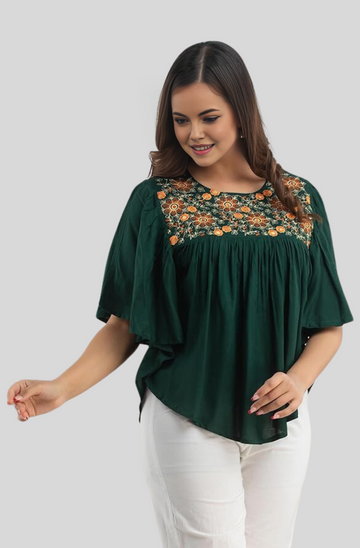 Casual Flared Butterfly Sleeves Embroidered Green Top