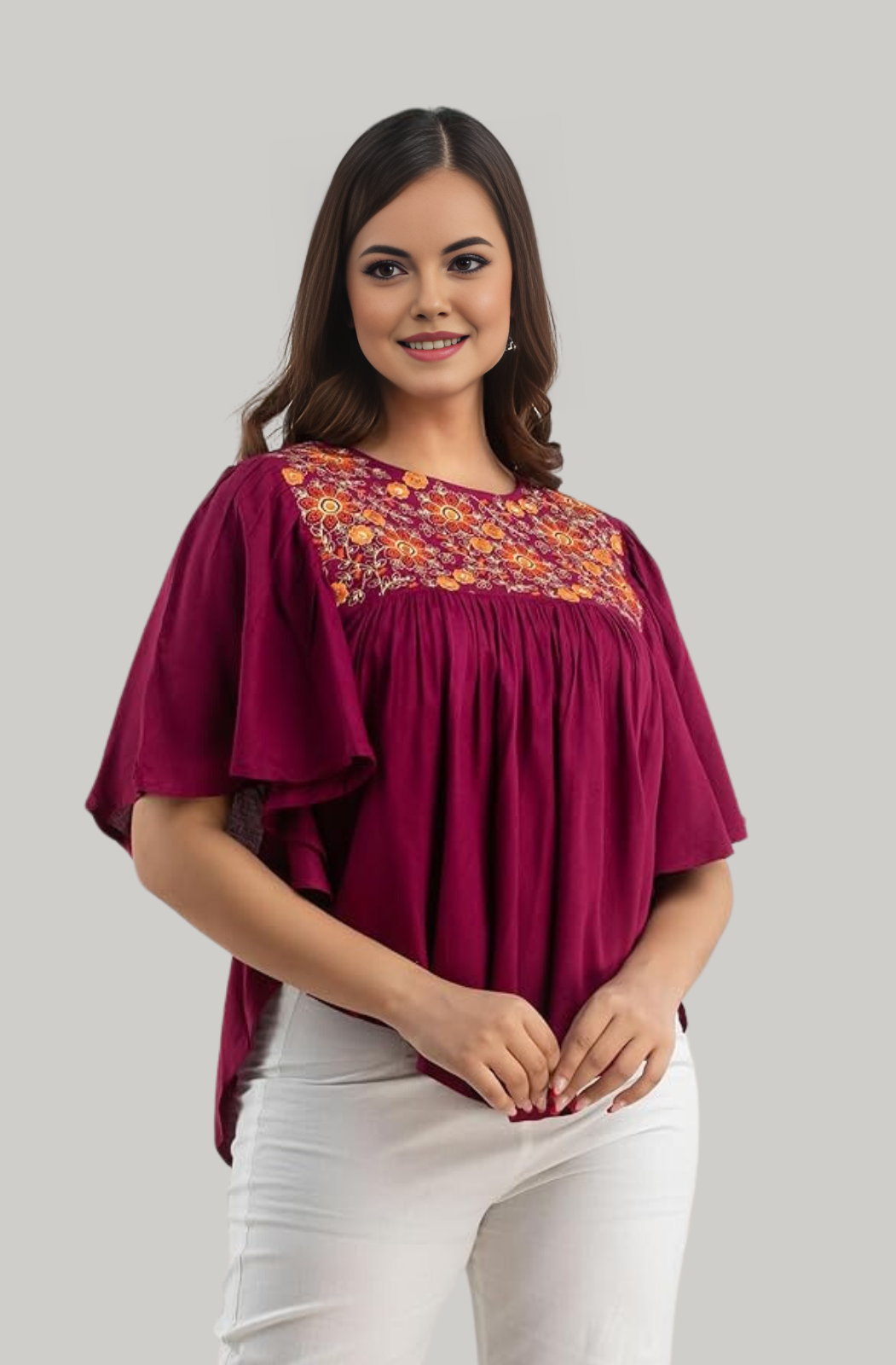 Purple Casual Flared Butterfly Sleeves Embroidered Top