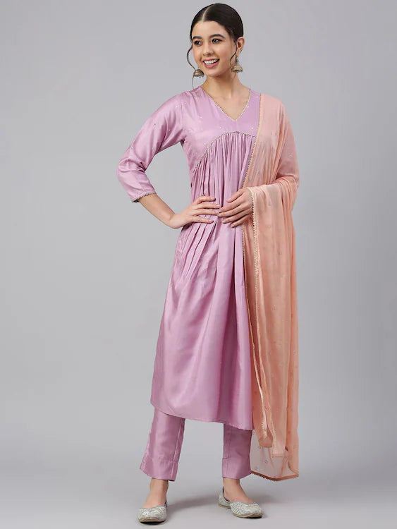 Women's Mauve Poly Silk Solid 3Pc Kurta Set