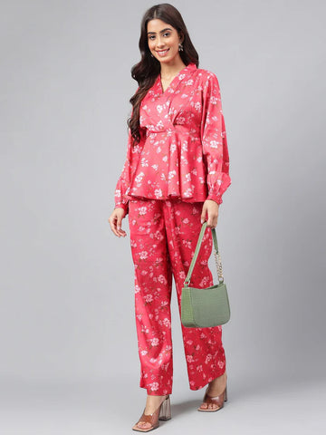 Red Satin Digital Floral Printed Co-ords Set