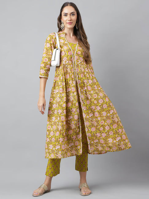 Women's Cotton Green Floral Printed Kurta with Pant