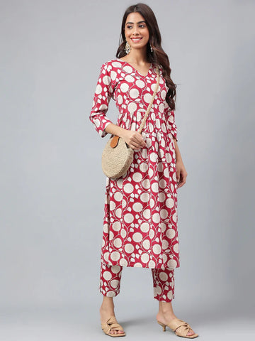 Maroon Cotton Floral Printed Co-ords Set