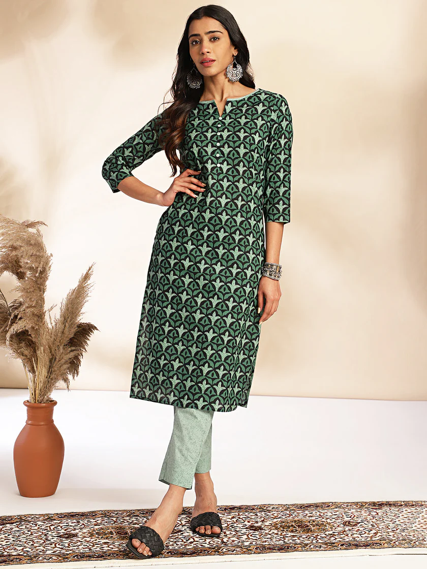 Women's Pure Cotton Green Printed Straight Kurta With Pant