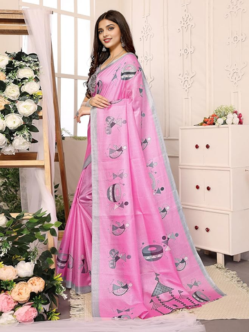 Women's Woven Elegant Printed Art Silk Saree with Matching Blouse Material