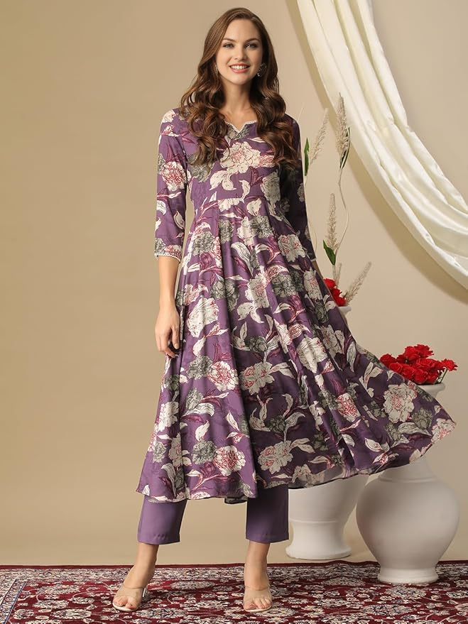 Womens Rayon Purple Floral Kurta With Pant