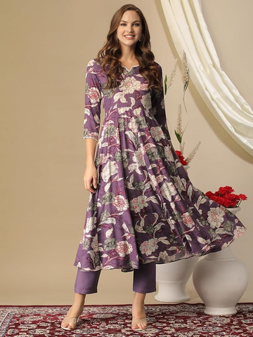 Womens Rayon Purple Floral Kurta With Pant