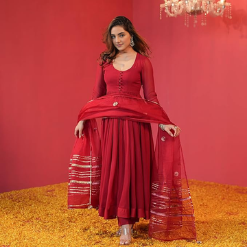 New Women's Rayon Blend Anarkali Solid Red 3Pc Kurta Set