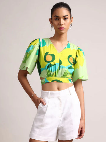 Green Cotton Floral Printed Crop Top