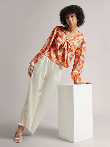 Orange Satin Abstract Regular Top