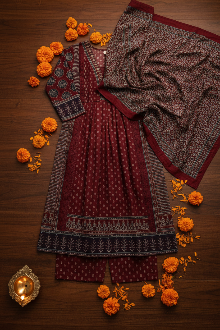 Maroon Kurta Flat Lay – Dark Wood & Marigolds