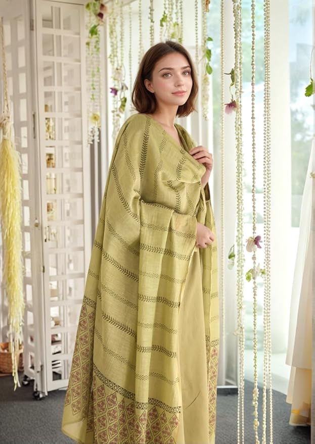 New Women's Rayon Blend Olive Green Printed 3Pc Kurta Set