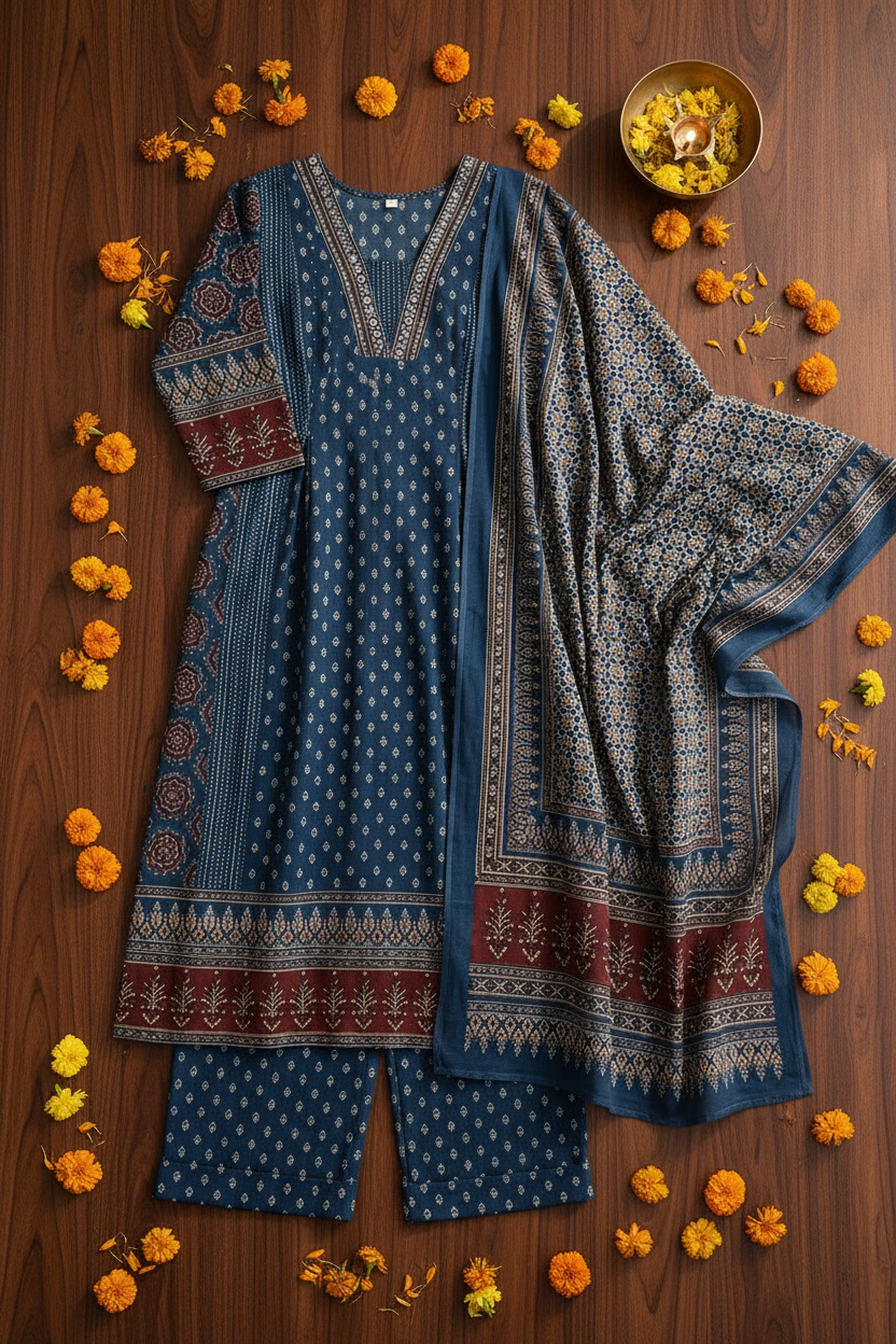Teal Kurta Flat Lay – Dark Wood Background