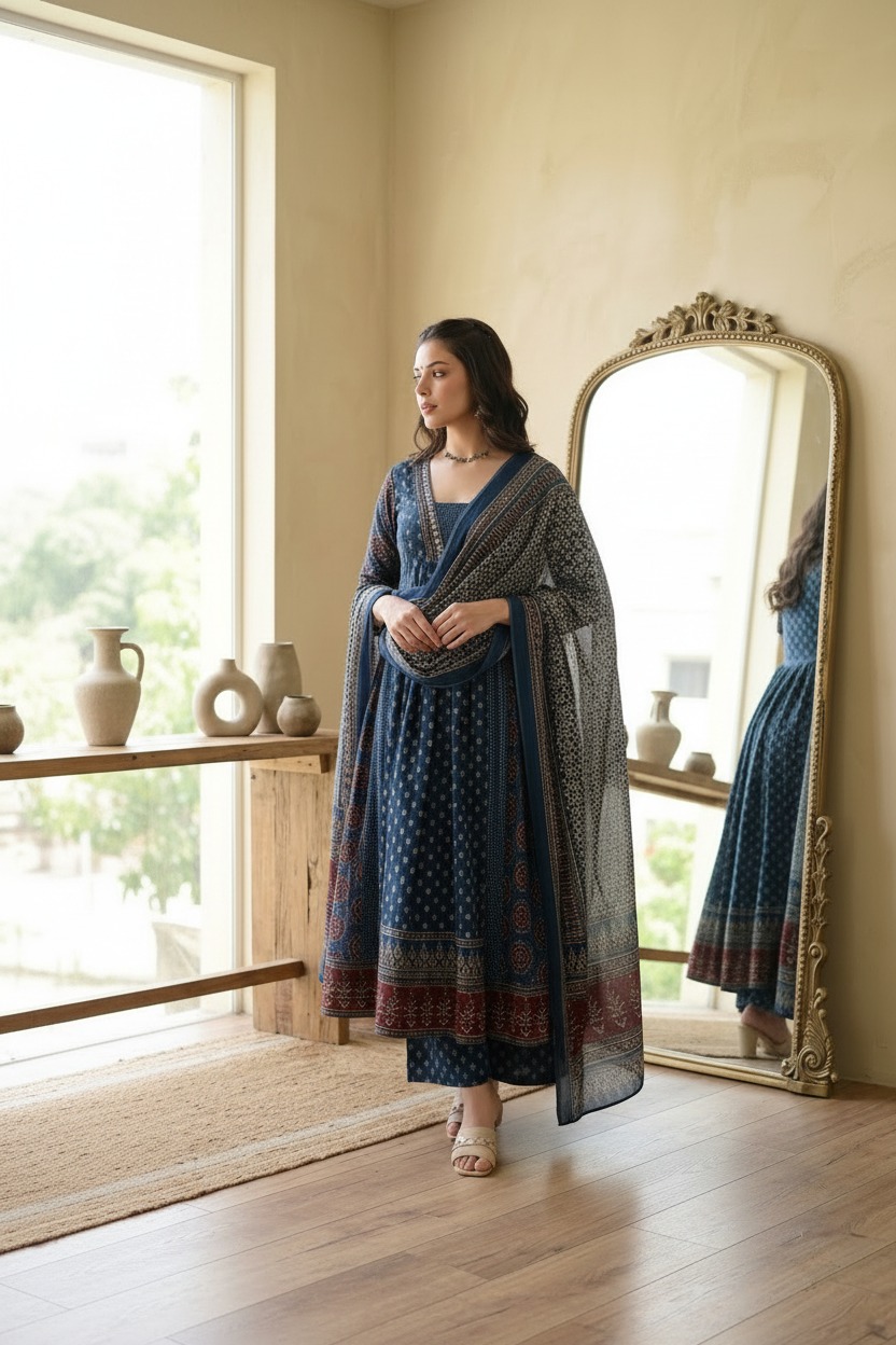 Teal Kurta – Warm Beige Interior