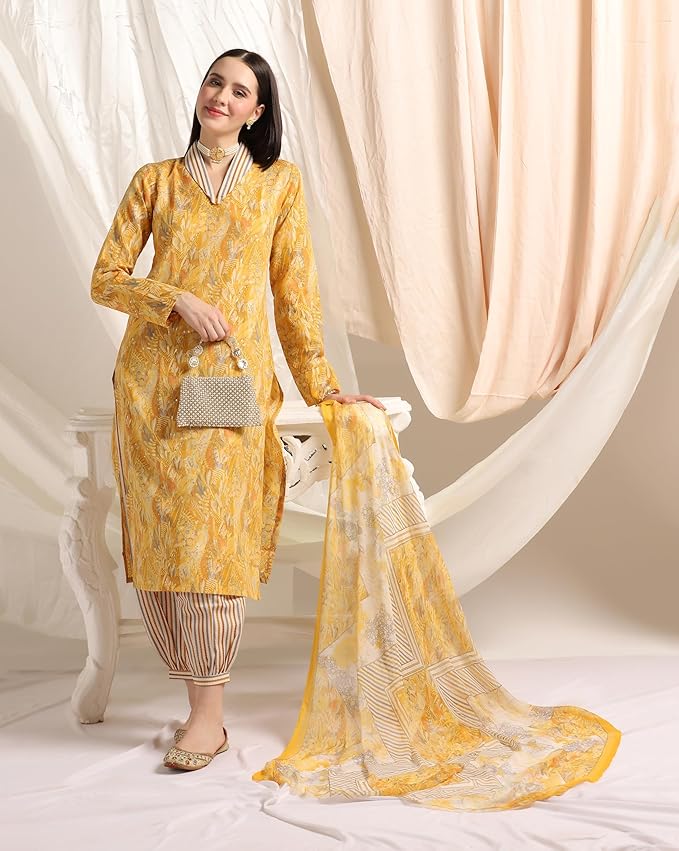 Women's Cotton Blend Floral Foil Printed Indian Ethnic 3Pc Kurta Set