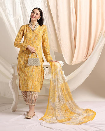 Women's Cotton Blend Floral Foil Printed Indian Ethnic 3Pc Kurta Set